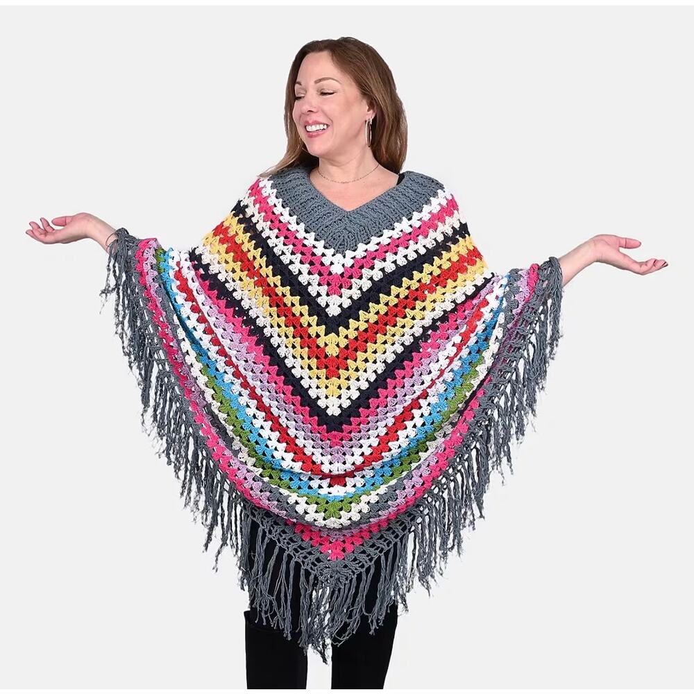 NWT Tamsy dark gray with multicolor stripe pattern cotton hand crochet poncho-OS